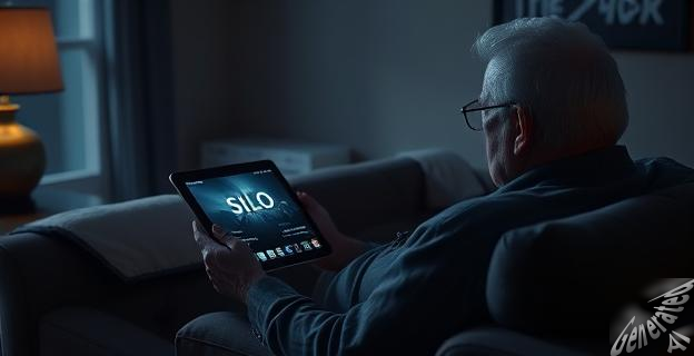 Una imagen de Stephen King sentado en un sofá, viendo una tablet con la serie Silo de Apple TV+ en la pantalla, con un ambiente oscuro y misterioso alrededor.