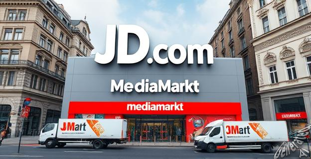 Un logotipo de JD.com y MediaMarkt en una pantalla de computadora con un fondo de mapa de Europa
