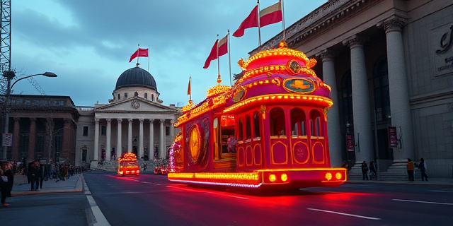 Una carroza extravagante, con colores llamativos y luces brillantes, desfila por una calle vacía. En el fondo, un edificio gubernamental con la fachada apagada y descuidada. Estilo pictórico, con contrastes marcados y una paleta de colores saturada. La escena debe transmitir una sensación de ironía y crítica social.
