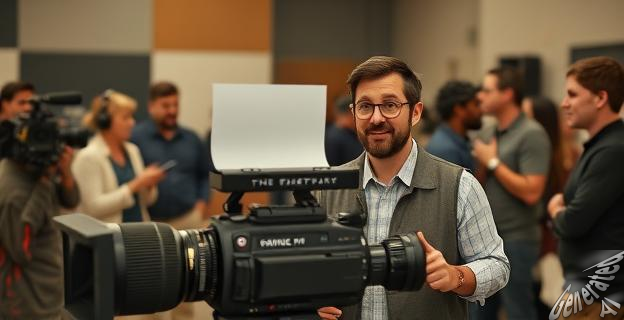 Imagen de Steve Carell y John Krasinski en el set de The Paper, rodeados de actores y equipo de producción, con una cámara de falso documental en primer plano.