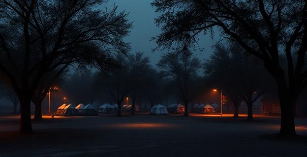 Imagen de un parque urbano oscuro con árboles y una zona de asentamiento ilegal con tiendas de campaña al fondo