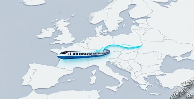 Un mapa de Europa con una línea de tren de alta velocidad que conecta 39 ciudades importantes, con trenes modernos y aerodinámicos viajando a gran velocidad.