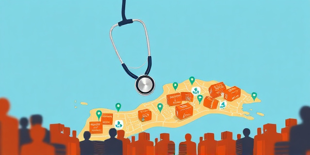 Una ilustración conceptual y satírica. Un estetoscopio gigante que intenta sostener un mapa fragmentado de una ciudad costera pequeña. Alrededor, siluetas borrosas de multitudes y cajas de suministros médicos con logos genéricos de ayuda humanitaria. Colores contrastados: el azul frío de la burocracia frente al naranja cálido del caos urbano. Estilo editorial de revista política, trazo limpio pero cargado de ironía.
