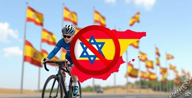 Imagen de un mapa de España con un símbolo de prohibición sobre Israel, rodeado de banderas españolas y un ciclista con el uniforme de Israel Premier Tech en el fondo.