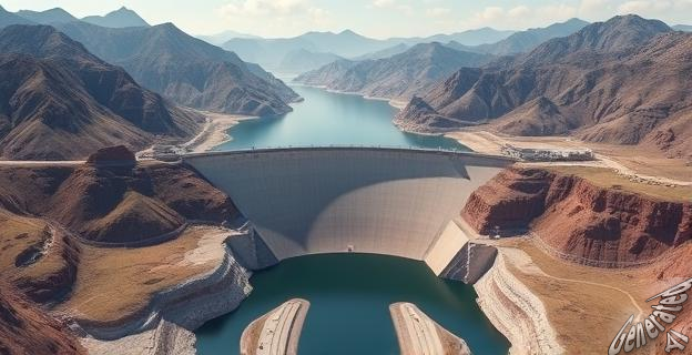 Imagen de una presa grande en un valle rodeado de montañas, con agua embalsada y sin conducciones visibles para el riego