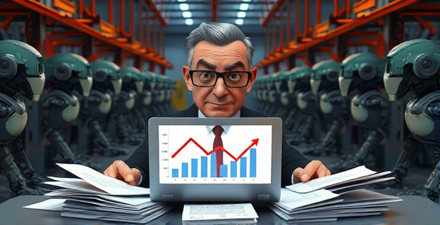 Una ministra con expresión seria, rodeada de papeles y un ordenador portátil con gráficos de descenso en la pantalla, mientras en el fondo se ve una fábrica con robots trabajando.