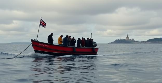 Imagen de un bote pequeño en el Canal de la Mancha con múltiples personas intentando cruzar, representando la inmigración ilegal. Al fondo, una silueta de la costa británica con un cielo nublado y gris.