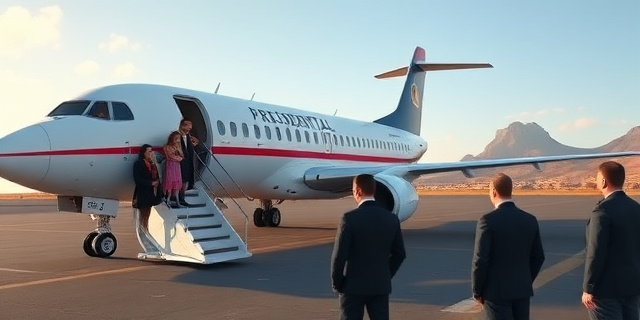 Un avión presidencial aterrizando en una pista de Lanzarote, con una familia sonriente en la escalerilla, mientras un grupo de agentes de seguridad vigilan en el fondo