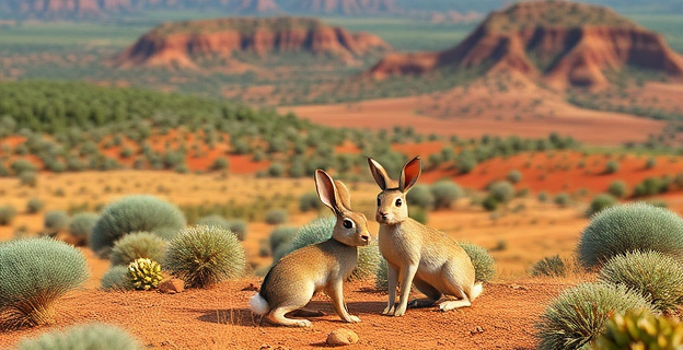 Una imagen de un paisaje australiano con conejos en primer plano y un fondo de tierra fértil y vegetación exuberante, contrastando con áreas degradadas al fondo.