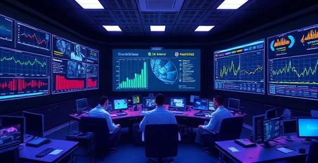 Una sala de control futurista con múltiples pantallas mostrando gráficos de ciberseguridad y mapas de la dark web, con técnicos trabajando en estaciones de trabajo con datos fluyendo en tiempo real.