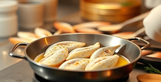 Una escena de cocina con un chef experimentado preparando pescado frito con una mezcla de harinas y aceite de oliva caliente en una sartén, con diferentes tipos de pescado fresco en el fondo.