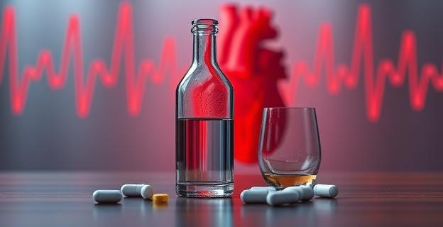 Una botella de alcohol vacía en una mesa con un vaso al lado, rodeada de medicamentos y un corazón con un ritmo cardíaco irregular en el fondo