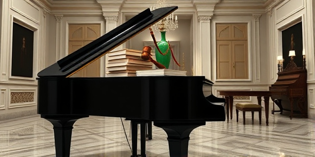 Una ilustración satírica y conceptual. Un piano de cola negro brillante en una sala palaciega con suelos de mármol y molduras clásicas. Sobre el piano, una pila de expedientes judiciales y una maza de juez descansan junto a un jarrón verde. Al fondo, una mesa antigua de madera noble iluminada por una luz cenital dramática, sugiriendo poder y secretismo. Estilo editorial de revista política, colores contrastados, atmósfera de ironía.