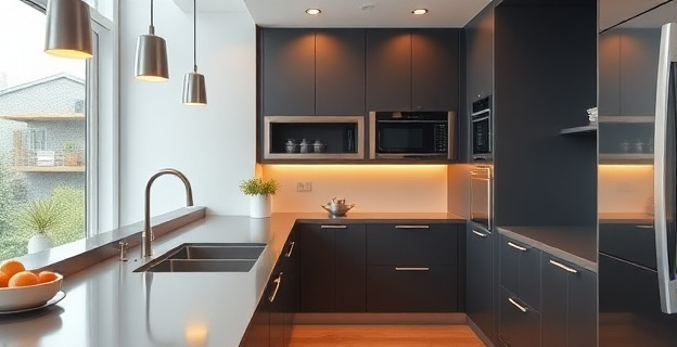 Una cocina moderna y minimalista con encimeras de acero inoxidable, un fregadero grande y un microondas bajo la encimera, con iluminación cálida y decoración elegante