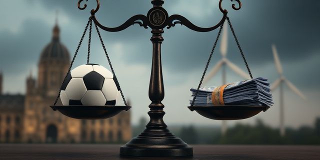 Una balanza de la justicia inclinada hacia un lado, con un balón de fútbol en un platillo y fajos de billetes en el otro. Fondo difuminado con edificios gubernamentales y molinos de viento. Estilo pictórico, colores oscuros y contrastados, evocando tensión y conflicto. No incluir rostros.