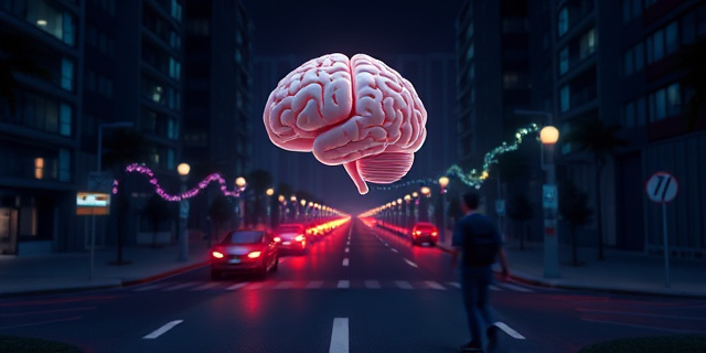 Una escena urbana nocturna con un cerebro humano estilizado flotando sobre una carretera iluminada. Alrededor, una corriente de colores vibrantes representa neuroquímicos que fluyen mientras una figura humana camina, simbolizando la relación entre movimiento y función cerebral.