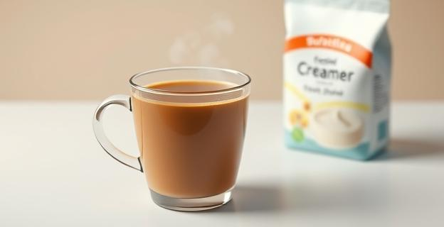 Una taza de café con una nube de cremor blanqueador y una bolsa de cremor en el fondo, con ingredientes como jarabe de glucosa y grasas vegetales hidrogenadas