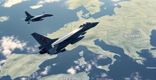 Imagen de un avión de reconocimiento ruso interceptado por aviones de combate en el Mar Báltico, con un fondo de mapa de Europa del Este y Ucrania marcado