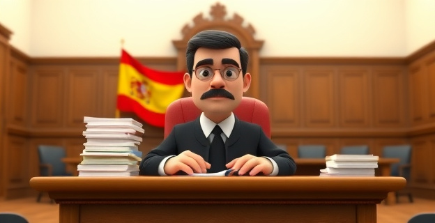 Una sala de un juzgado con un juez sentado en su escritorio, rodeado de pilas de documentos y con una expresión seria. Al fondo, una bandera de España y una mesa con sillas para los abogados.