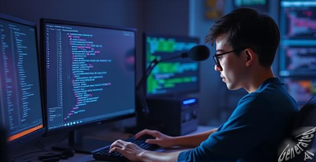 Una imagen de un programador trabajando en una computadora con una pantalla que muestra código en Python, con una sombra de duda en su rostro.