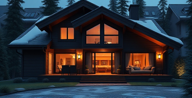 Un chalet de lujo en una zona residencial exclusiva con la puerta abierta y un ambiente de tensión en el exterior