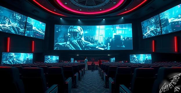 Una imagen de una sala de cine futurista con pantallas mostrando escenas generadas por inteligencia artificial, con efectos visuales innovadores y una atmósfera de anticipación