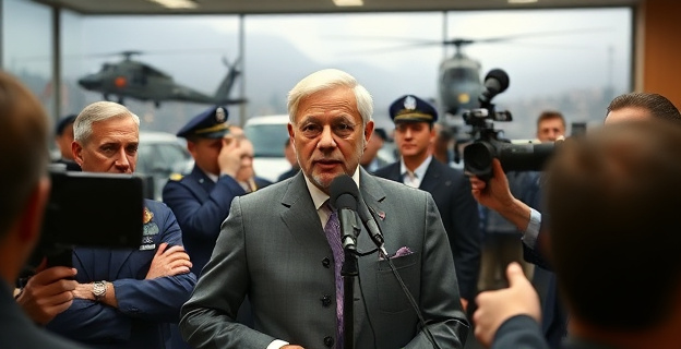 Imagen de un presidente del Gobierno en un entorno controlado, rodeado de autoridades y prensa, con un telón de fondo de destrucción o desastre natural. El presidente está hablando a través de un micrófono mientras los periodistas y autoridades escuchan atentamente. Al fondo, se ven helicópteros o vehículos de emergencia.