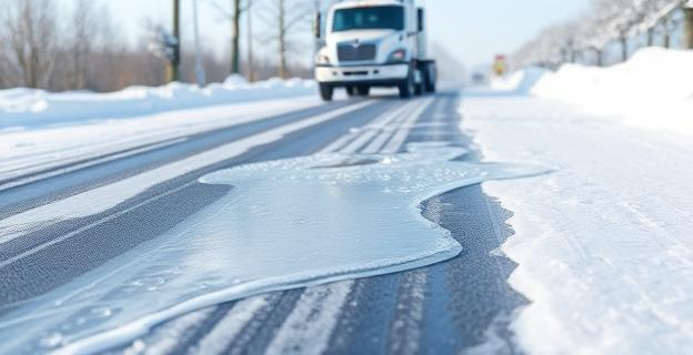 Carretera con hielo derritiéndose gracias a un líquido transparente esparcido sobre ella, con un camión quitanieves al fondo