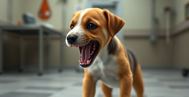 Imagen de un cachorro con síntomas de rabia en un entorno veterinario, mostrando agresividad y espuma en la boca