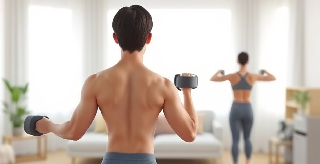 Una persona realizando ejercicios de espalda en casa, con mancuernas y en diferentes posturas, sin mostrar el rostro