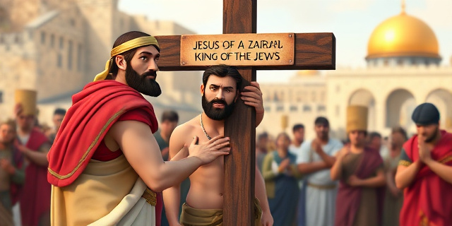 Una ilustración estilizada de un hombre romano con toga, de pie frente a una cruz con la inscripción 