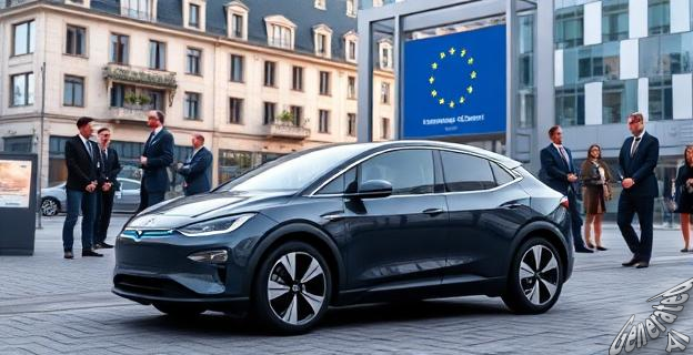 Imagen de un coche eléctrico en una ciudad europea con un fondo de la Comisión Europea, con líderes empresariales y políticos reunidos alrededor, discutiendo sobre la prohibición de los coches de combustión en 2035.