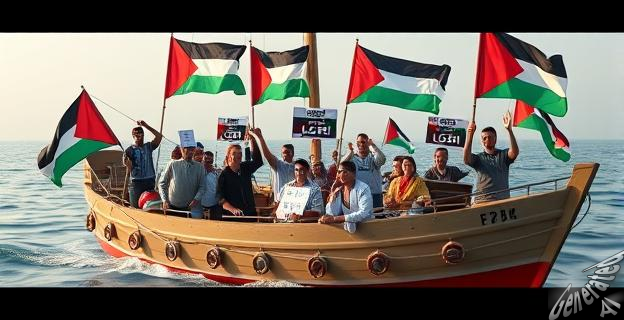 Una imagen de una embarcación en el mar con banderas de Palestina y activistas diversos a bordo, con algunos sosteniendo carteles de apoyo a la causa LGTBI.