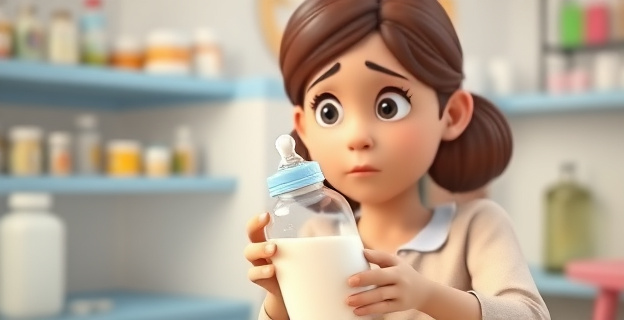 Una madre preocupada mirando un biberón con leche en polvo, con un fondo de medicamentos y un ambiente de alerta sanitaria
