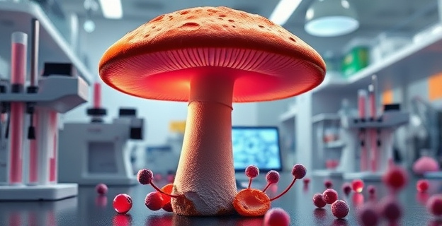 Una imagen de un hongo psicodélico en un laboratorio, rodeado de equipos de investigación y células humanas en cultivo