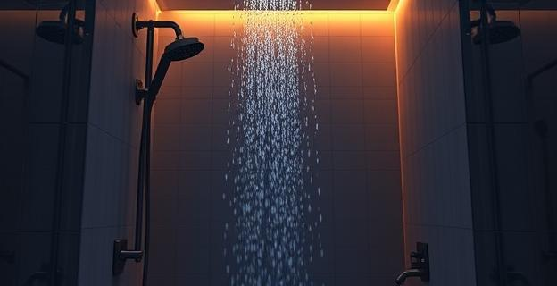 Imagen de un baño con ducha iluminada tenuemente, con agua caliente cayendo, creando un ambiente relajante y tranquilo.