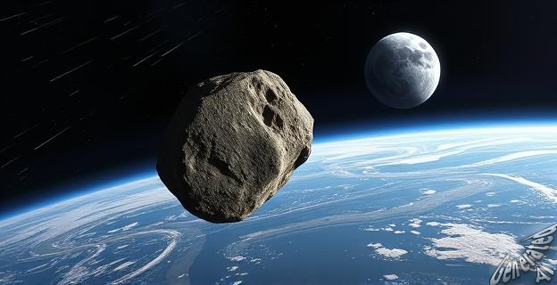 Ilustración de un asteroide flotando en el espacio cerca de la Tierra, con una Luna al fondo.