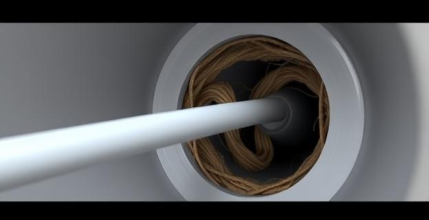 Imagen de una tubería de desagüe con cabello acumulado y una pajita flexible insertada para desatascar