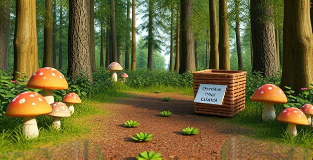 Imagen de un bosque con setas variadas y una cesta de recolección al fondo, con un sendero marcado que lleva a un área de recolección señalizada.