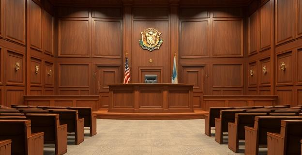 Una sala de justicia vacía con un estrado judicial y asientos para el público, con un letrero que indica el cambio de sede de un juicio importante