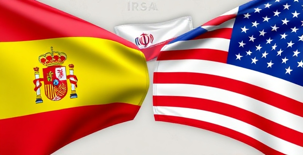 Una imagen que represente la tensión diplomática entre España y EEUU con elementos como banderas de ambos países cruzadas o enfrentadas, un fondo con mapas de ambos países o una representación simbólica de la guerra de Irán al fondo.