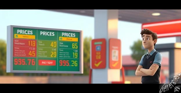 Una imagen de una gasolinera con diferentes precios en un tablero de anuncios, con un cliente pensativo al fondo.