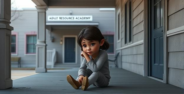 Imagen de una niña con enanismo sentada sola en un porche, con aspecto de abandono y tristeza, mientras al fondo se ve un edificio con un letrero que dice 