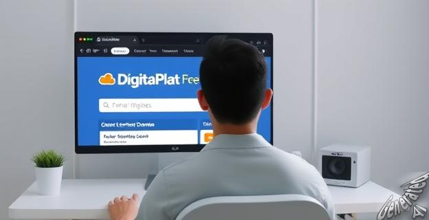 Una persona sentada frente a una computadora con una pantalla que muestra el sitio web de DigitalPlat FreeDomain, con un dominio registrado y gestionado a través de Cloudflare.