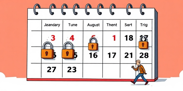 Una ilustración conceptual y satírica. Un calendario gigante donde las hojas desde enero hasta agosto están encadenadas con candados metálicos pesados. Al lado, un ciudadano común, representado como una figura pequeña y agotada, intenta empujar el calendario. El estilo debe ser de caricatura editorial moderna, con colores contrastados, fondos minimalistas y una atmósfera de pesadez burocrática.