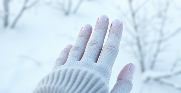 Una mano con dedos blancos y azules debido al frío, con un fondo de invierno nevado