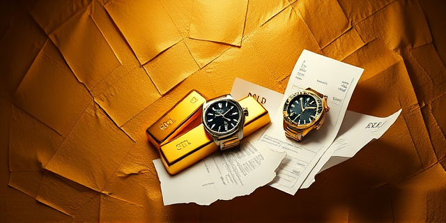 Una composición abstracta que representa el contraste entre la opulencia y la crisis económica. Lingotes de oro y relojes de lujo emergen de un fondo texturizado que simula facturas y recibos arrugados. Tonos dorados y ocres dominan la paleta, con sombras que sugieren secretos y transacciones ocultas. El estilo debe ser moderno y conceptual, evitando cualquier referencia directa a personas reales o marcas.