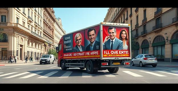 Imagen de un camión con pancartas críticas hacia un político y su esposa circulando por una calle céntrica de Madrid, cerca del Congreso de los Diputados