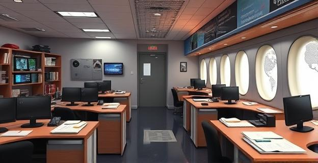 Oficina de una aerolínea con documentos y dispositivos electrónicos sobre mesas y estanterías, con un ambiente de investigación policial