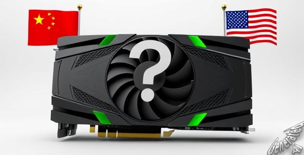 Ilustración de una GPU NVIDIA H20 con un gran interrogante en el centro, rodeado de banderas de China y Estados Unidos.